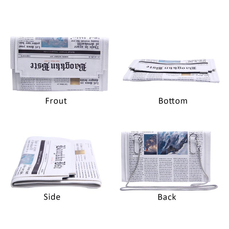 KUANG! Women Novelty Newspaper Evening Handbag Clutch Crossbody Bag Envelope Purse Chain Shoulder Bag for Ladies - Image 3